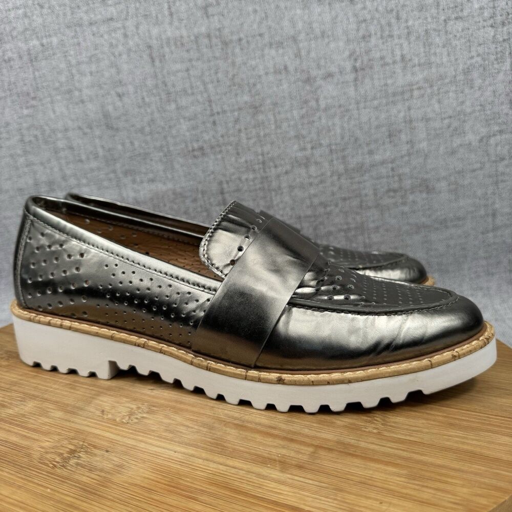 Halogen Loafers Women's 8.5 M Silver Metallic Leather Slip On Shoes